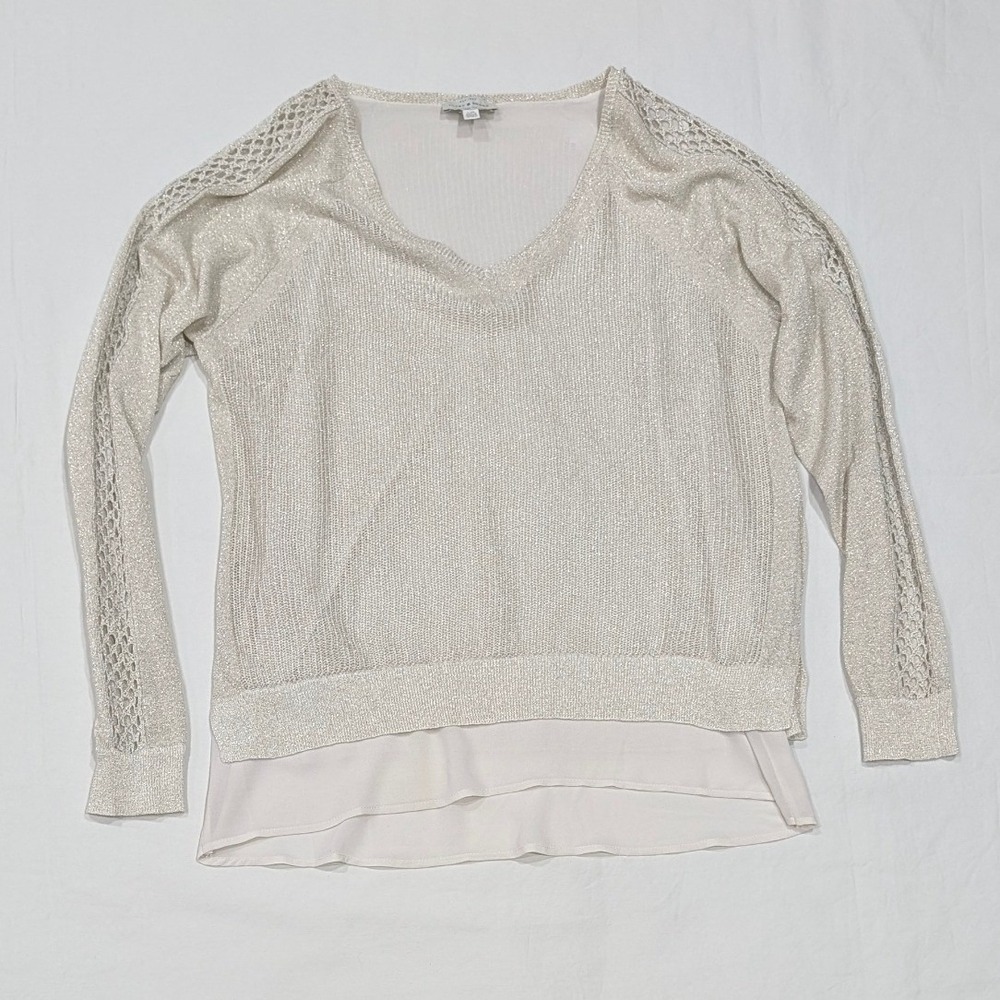 Lucky Brand Metallic Knit Layered V-Neck Sweater Ivory Women's Large